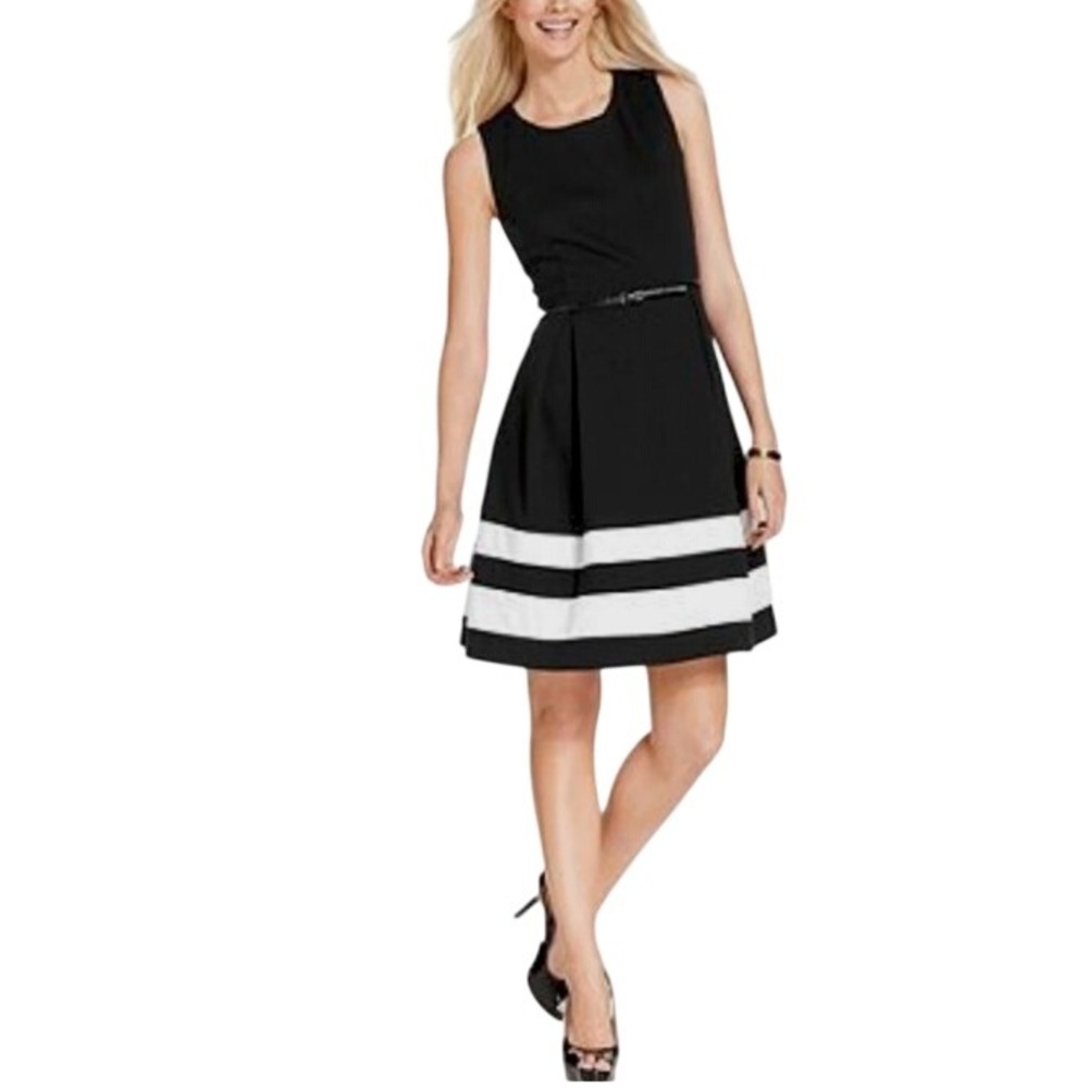 Ellen Tracy Black White Striped Belted Fit & Flare Cocktail Party Mini Dress 8